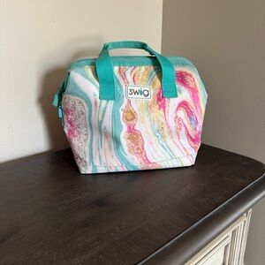 Swig Marble Print Insulated Tote 6 pack Cooler - Teal Handles